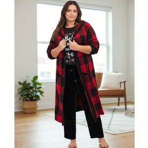 Torrid Hooded Cardigan 2X 18/20 Red Black Plaid Buffalo Open Sweater Pockets EUC